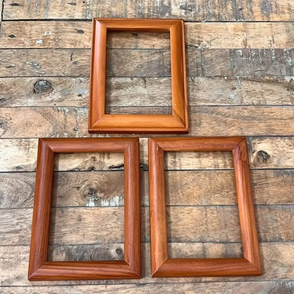 Set Of Three Solid Wood Picture Frames No Glass Light Brown Tone